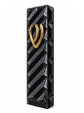 Western Wall Design Mezuzah Case 009 - Black Mezuzah case with stones and a gold-colored Shin